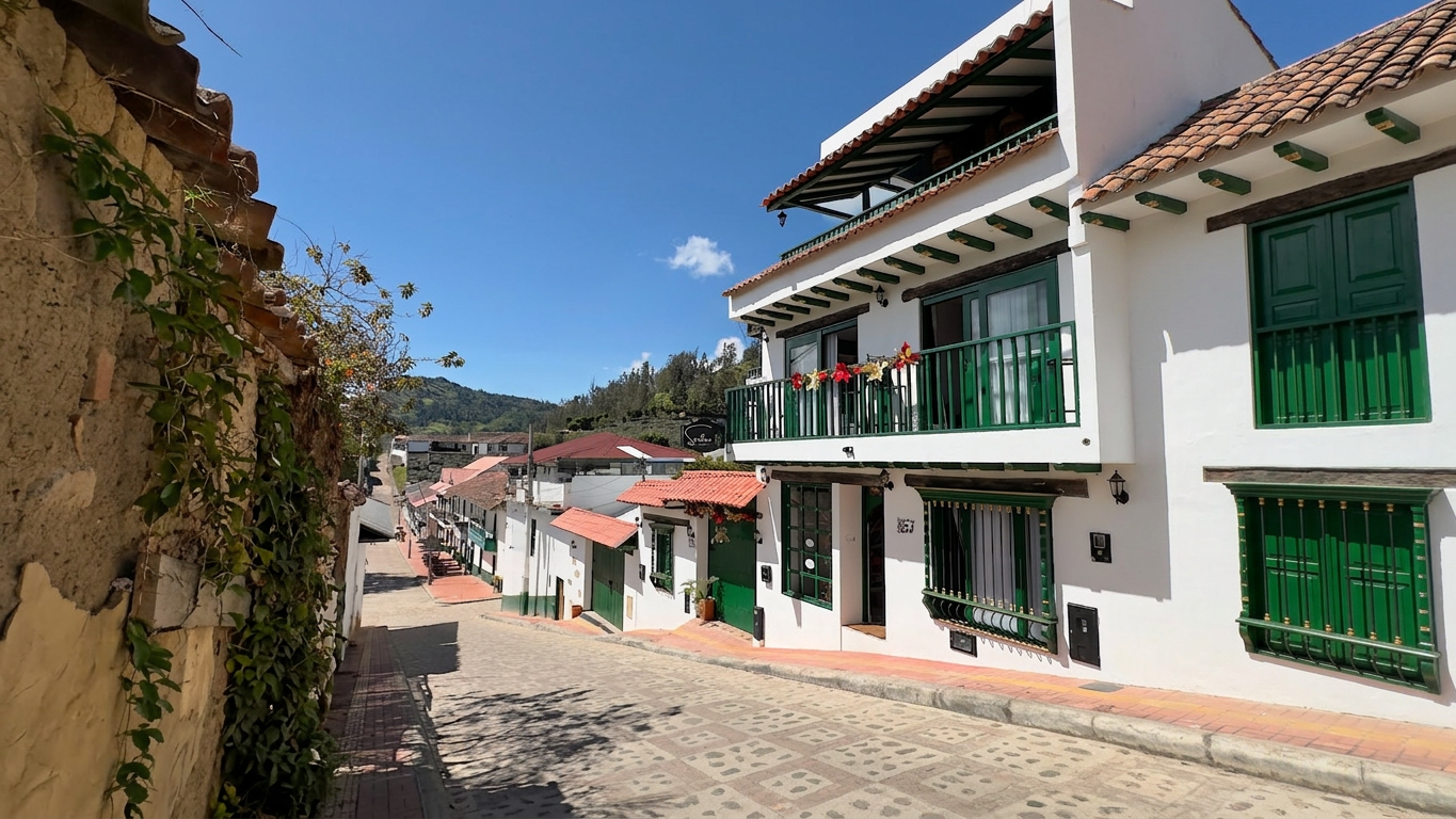 Calle colonial junto al Hotel Santino en Jenesano, Boyacá — vista hacia el parque principal, a media cuadra